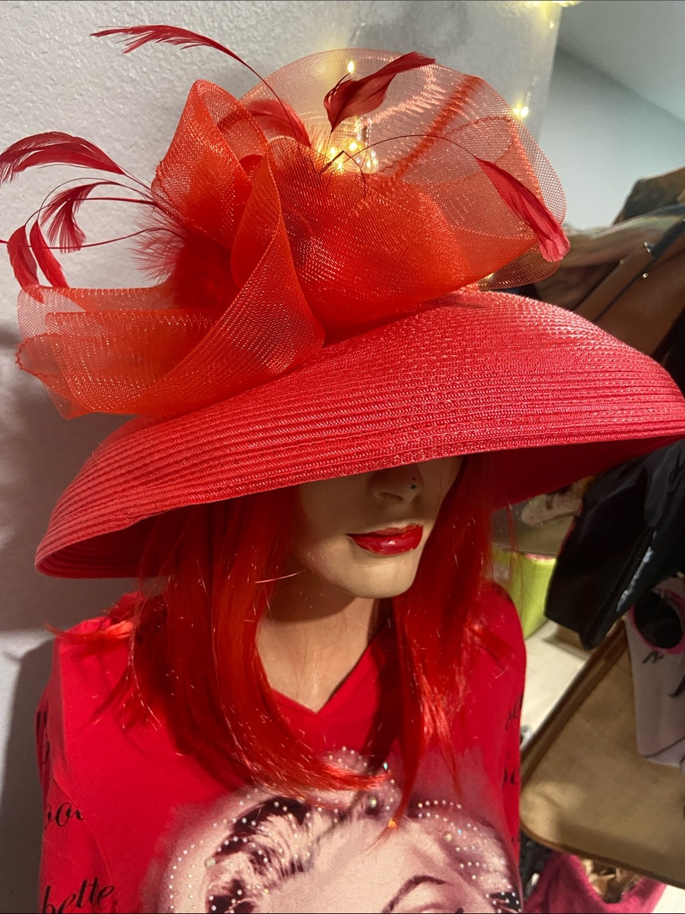 Betmar New York Women's Red Dress Hat with Feather and Mesh Detail